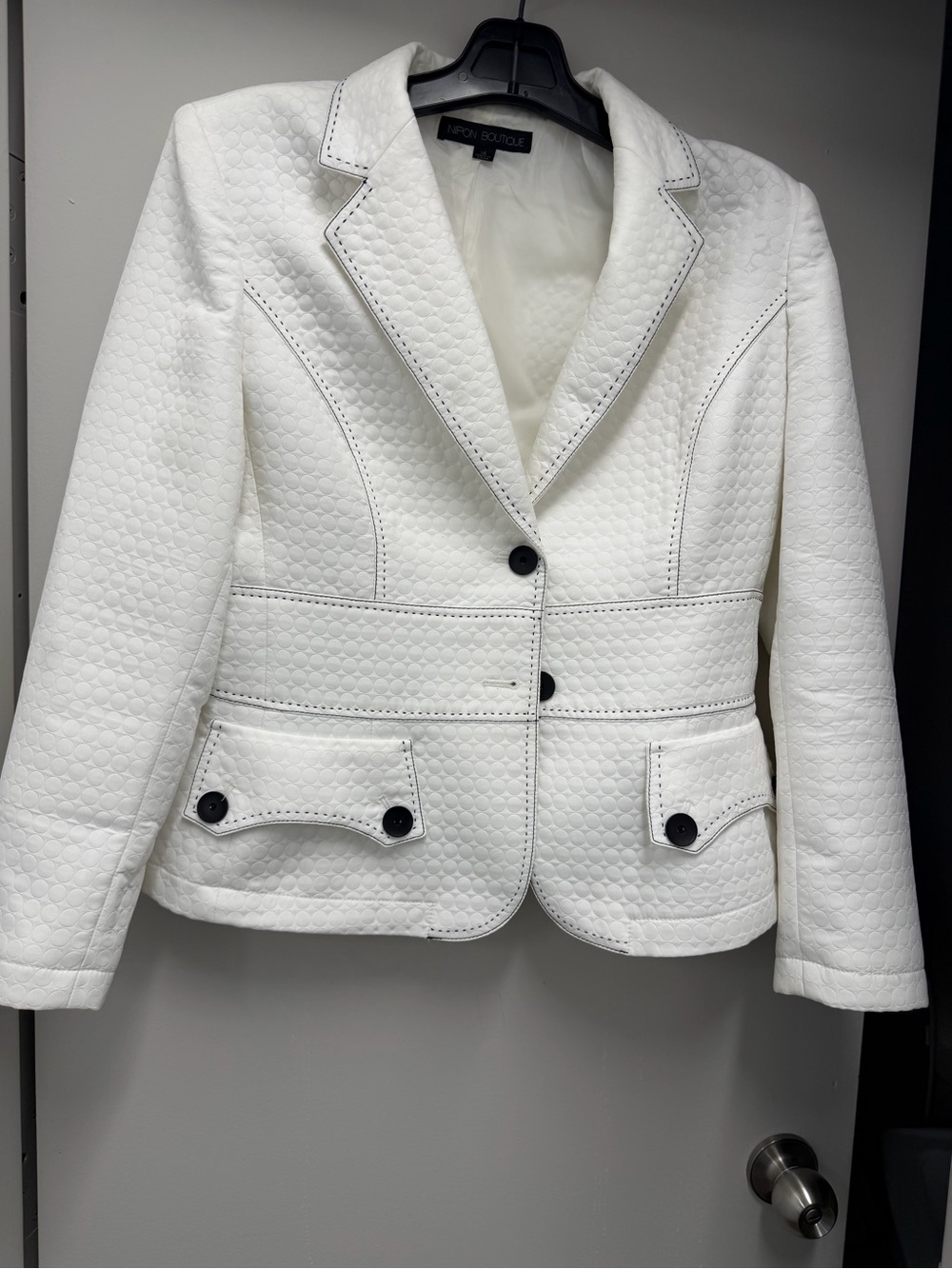 Nipon Boutique Women's White Textured Tailored Blazer with Contrast Buttons